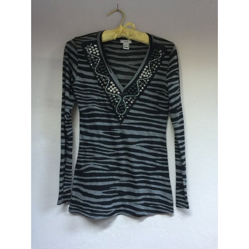 Cache Womens XS V-Neck Long Sleeve Animal Print Embellished Top Black Gray